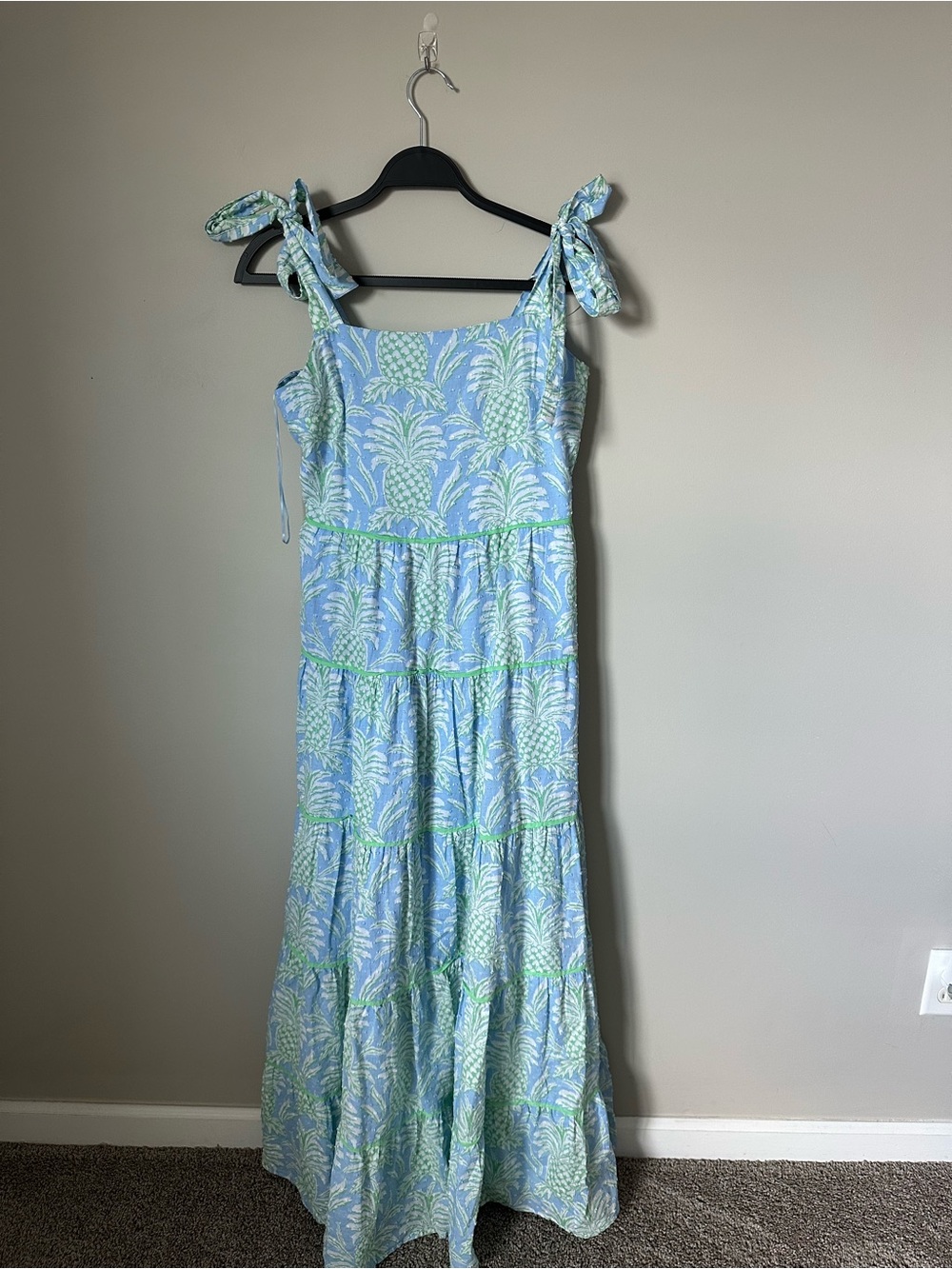 Crown & Ivy Blue & Mint Pineapple Print Tie-Shoulder Maxi Dress
